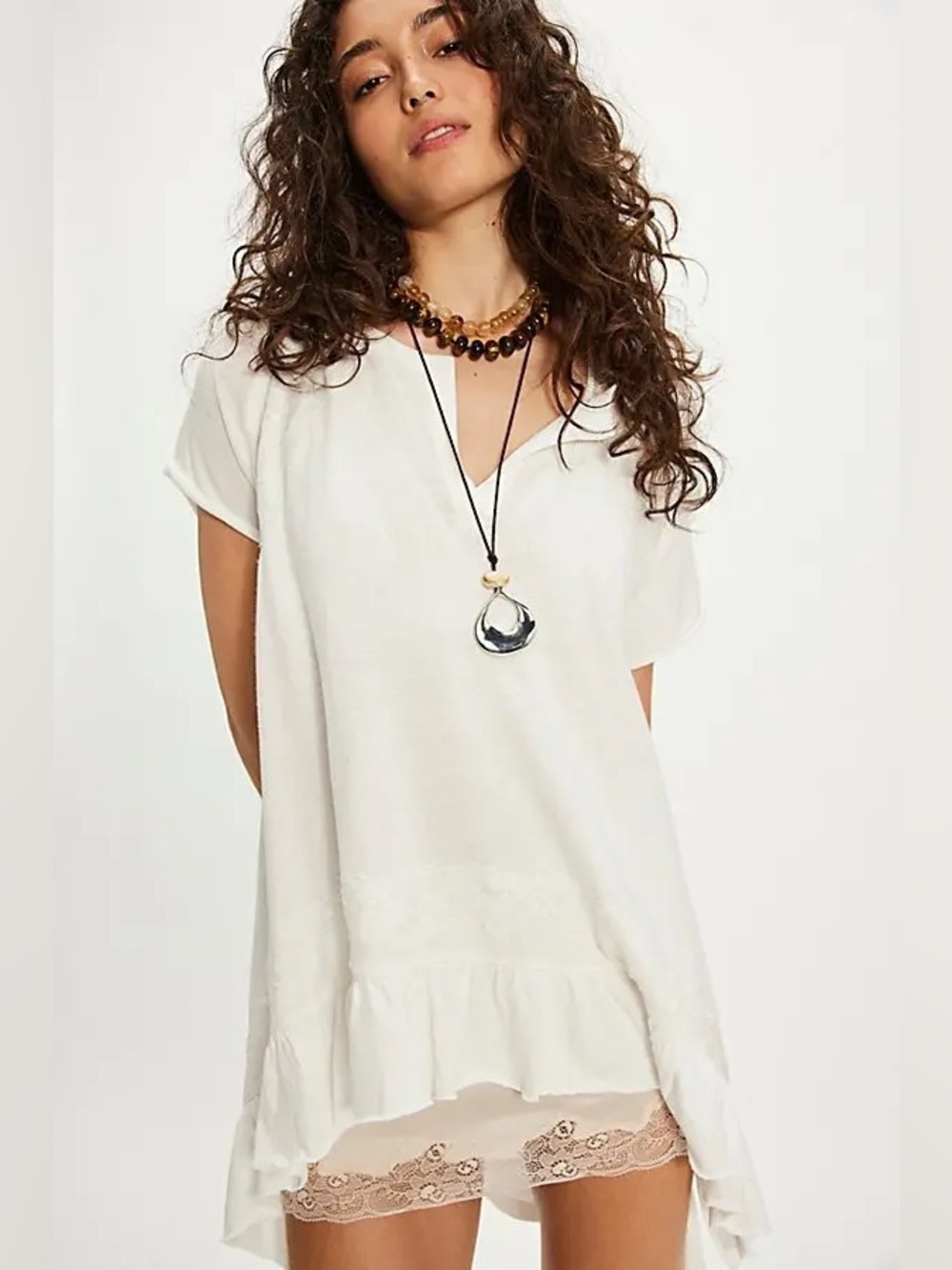 Free People Tempest Knit Tee Oversized Ruffle Hi Low Lace Size Small